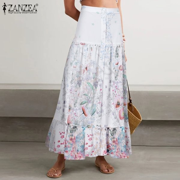 Women Summer Elastic Waist Floral Printed Beach Loose Long Skirts Ruffled Hem Dresses - Shop Trendy Women's Clothing | LoverChic