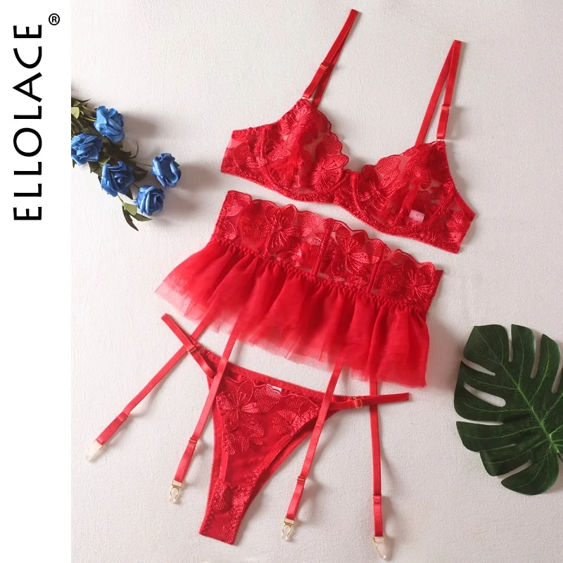 Billionm Ellolace Fancy Lingeries Luxury Lace Erotic Women's Underwear 3-Pieces Transparent Sexy Round Matching Intimate Free Shipping