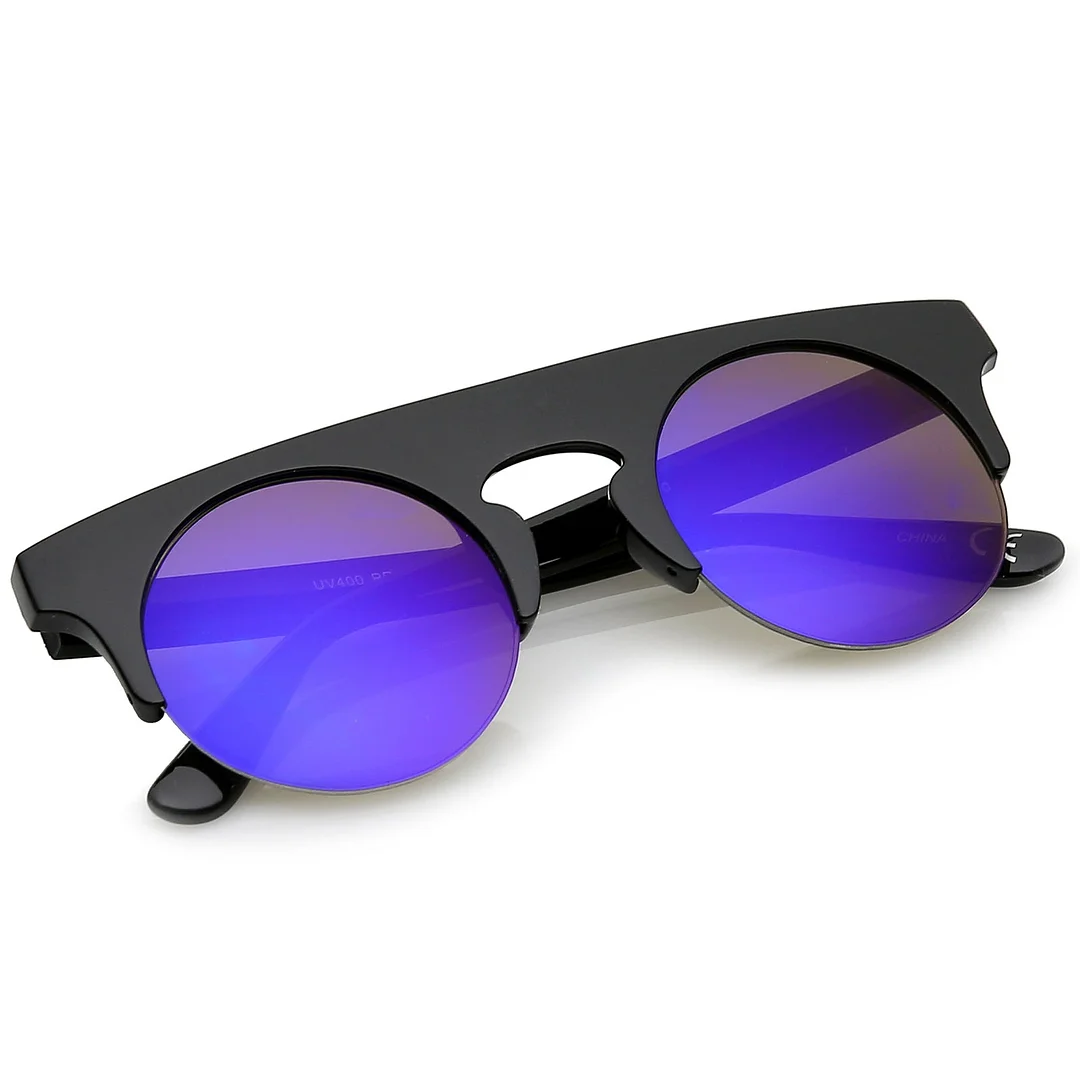 Modern Flat Top Horn Rimmed Round Flat Lens Semi Rimless glasses 48mm