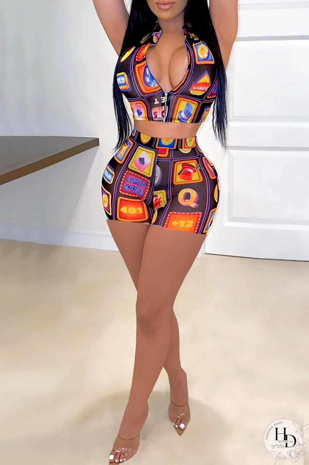 Fuchsia Sexy Casual Print Basic Zipper Collar Sleeveless Two Pieces