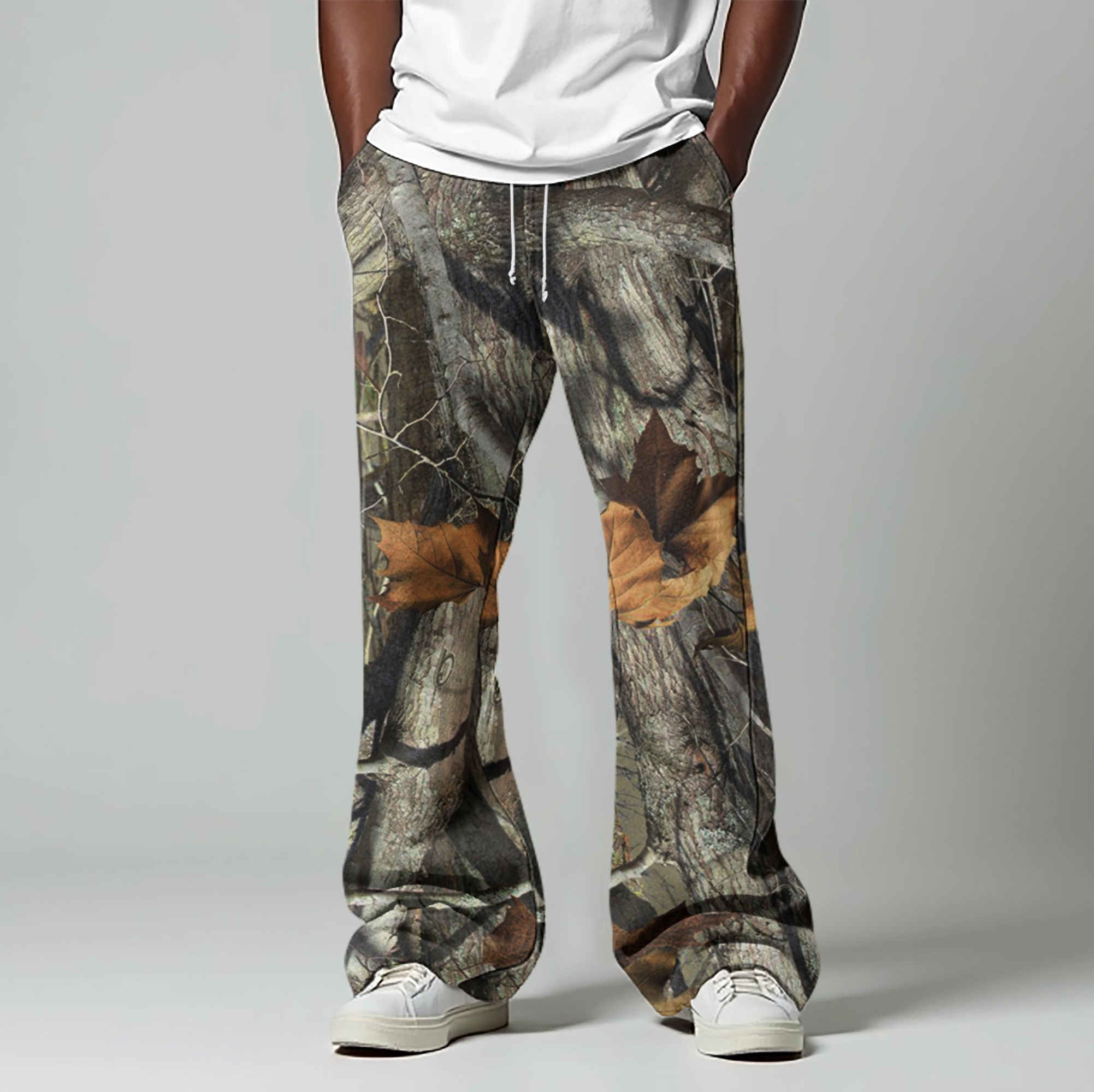 Vintage Camo Forest Print Drawstring Graphic Flared Sweats Trousers