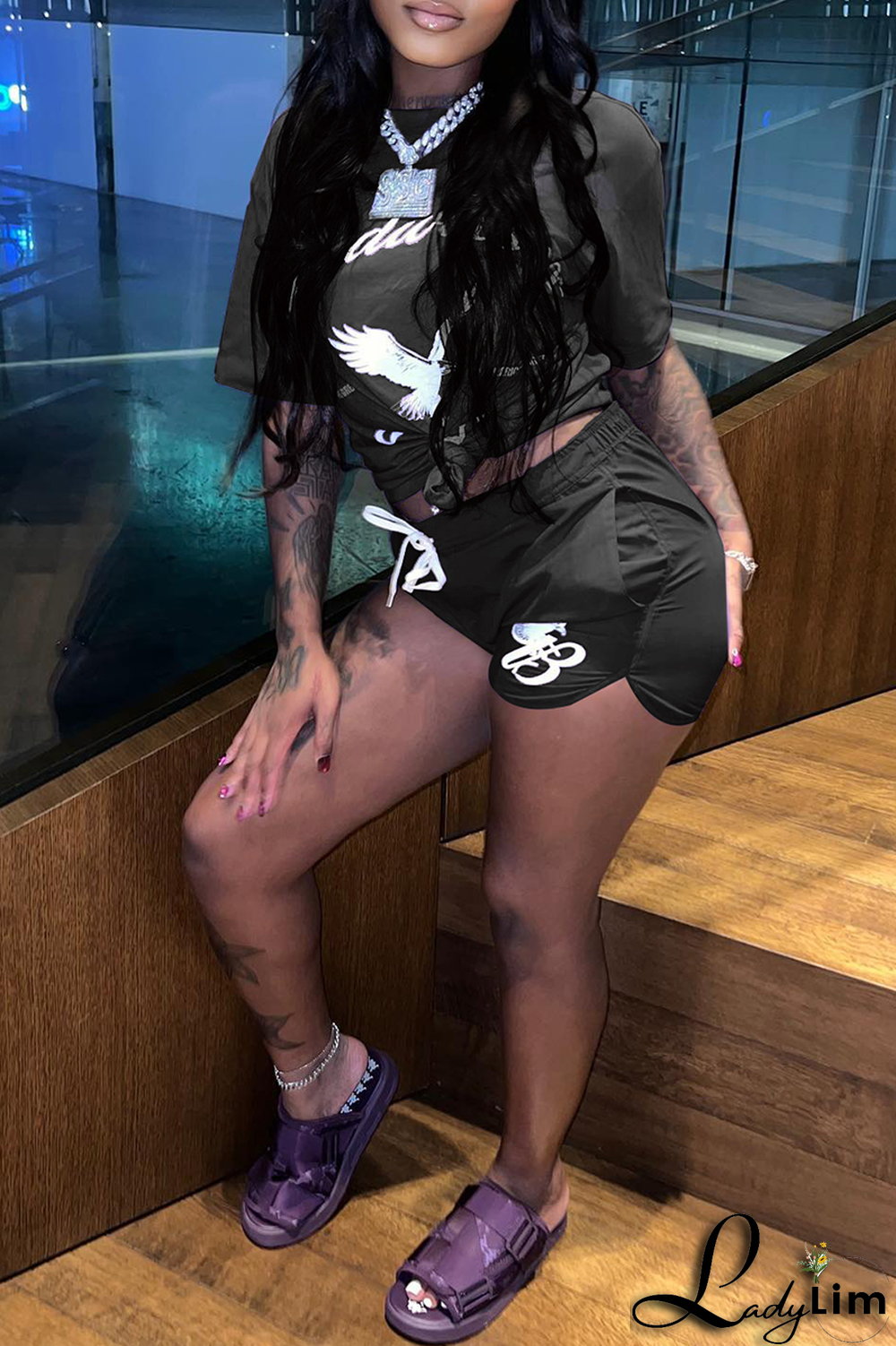 Red Fashion Print Split Joint O Neck Short Sleeve Two Pieces