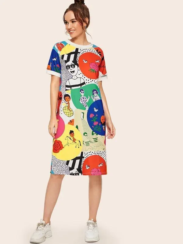 Cartoon & Letter Print Tee Dress