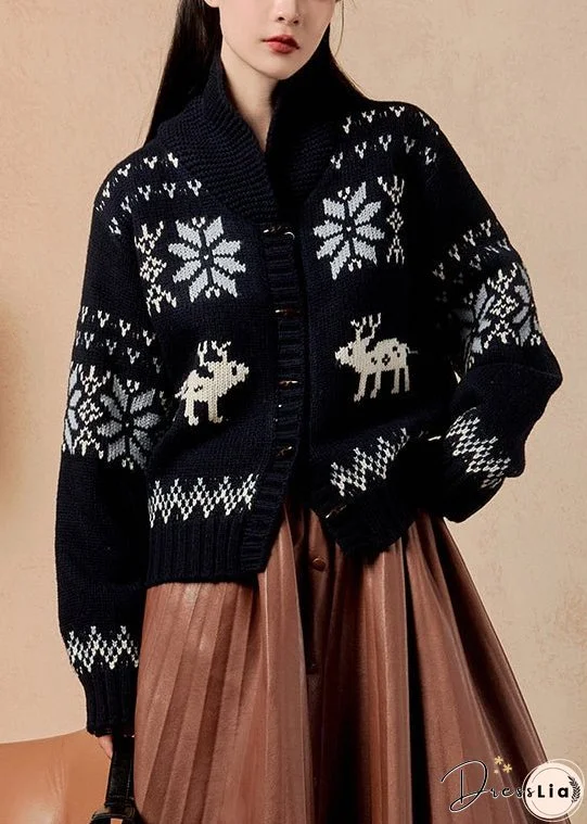 Jacquard Navy Button Cozy Knit Coats Winter