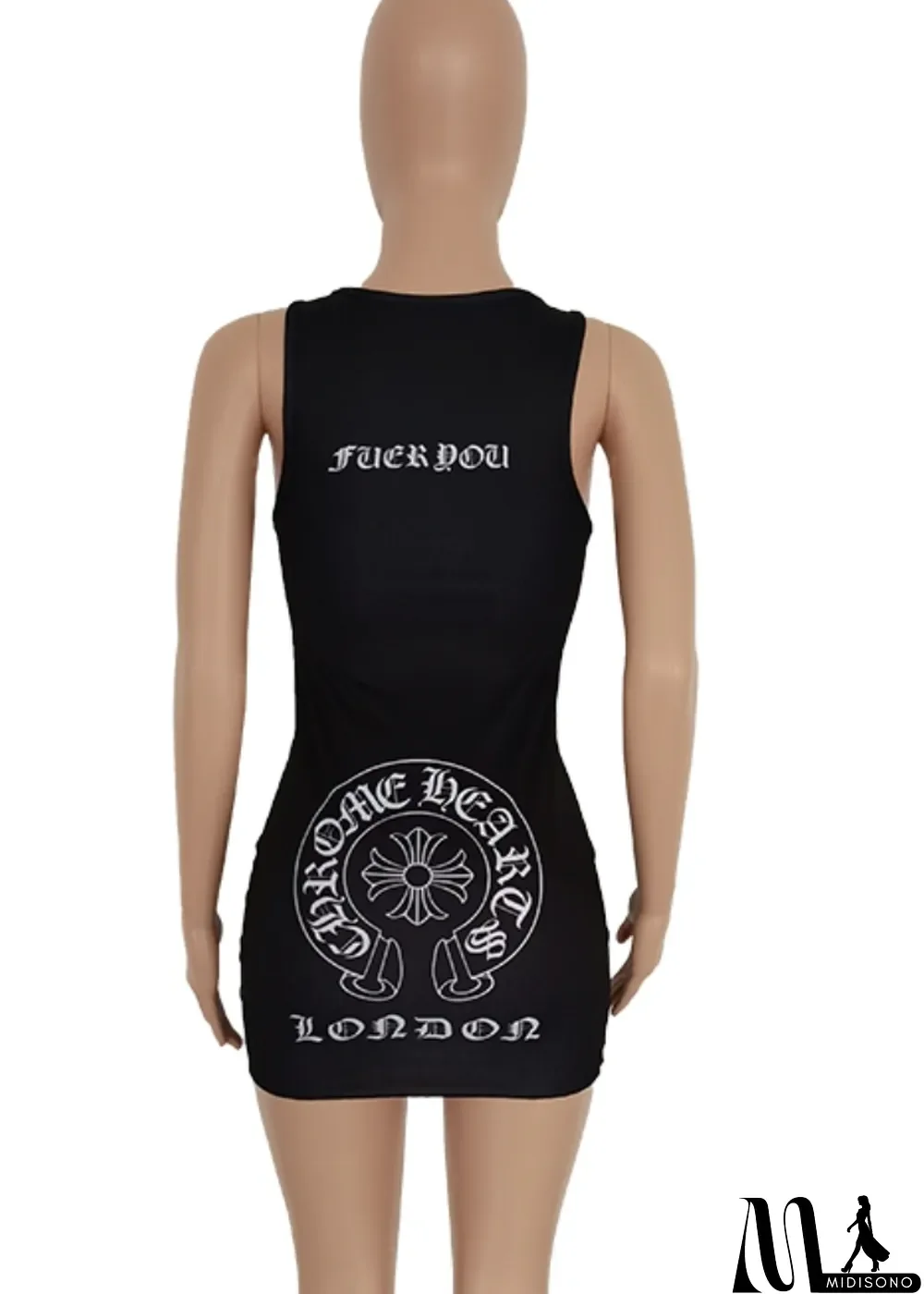 MidiSono - Women Summer Black Casual Strap Sleeveless Printed Ribbed Mini Straight Tank Dress