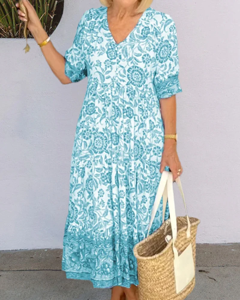 Low-Cut V-Neck Blue-Floral-Print Gown