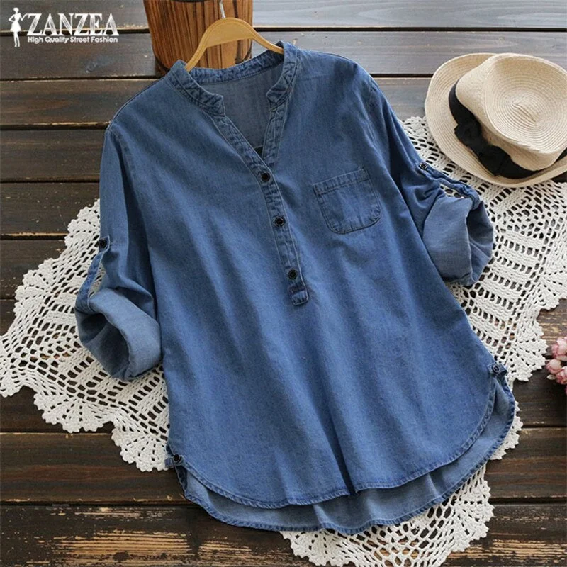 ZANZEA 2022 Women's Denim Blue Shirts Fashion Autumn Blouse Casual Button V Neck Long Sleeve Tops Jean Tunic Blusa Plus Size