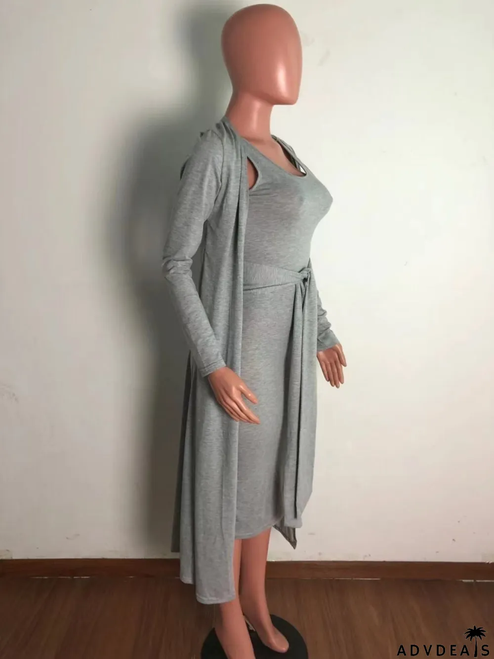 Winter Sexy Grey Round Neck Sleeveless With Belt Dress And Long Coat Two Piece Set