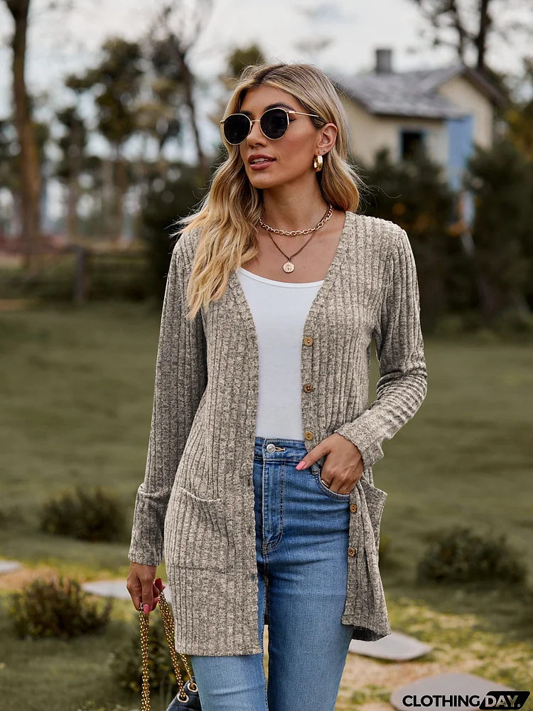 Ribbed Button-UP Cardigan with Pockets