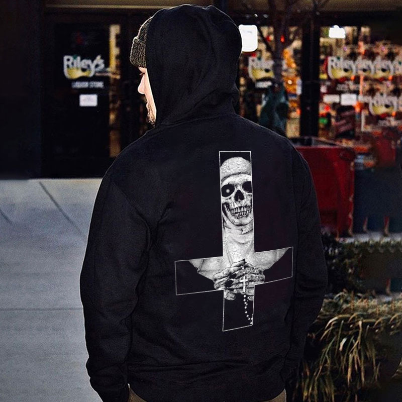 Stuck In Evil Nun Holding Cross Casual Black Print Hoodie