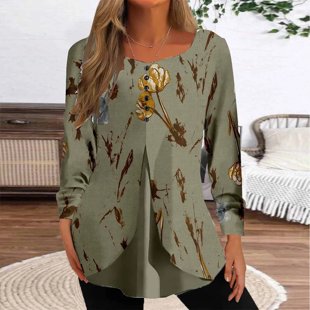 Women Floral,Brown DZGG8319 Long Sleeve Scoop Neck Printed Graphic Button Fake 2in1 Tops