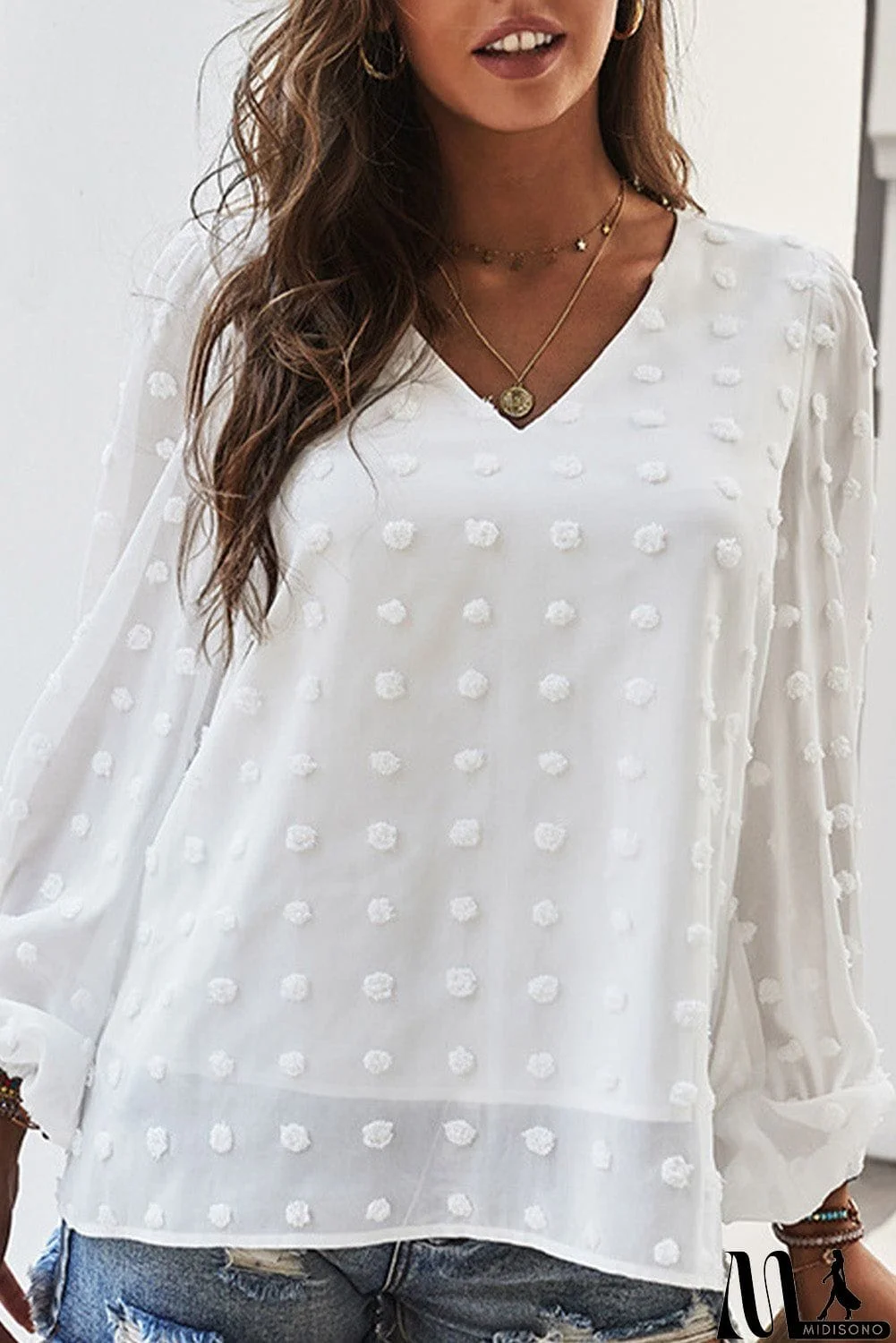 MidiSono - Swiss Dot Bubble Sleeve Blouse