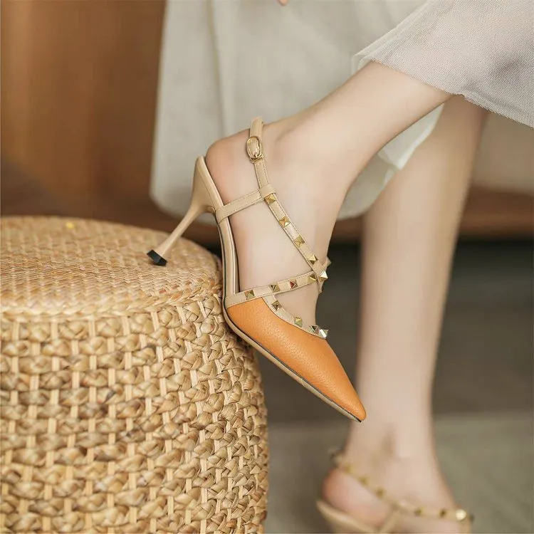 Yyvonne French Fine-Heeled High-Heeled High-Heeled Rivet Thorned Roman Sandals In The Summer Of 2025