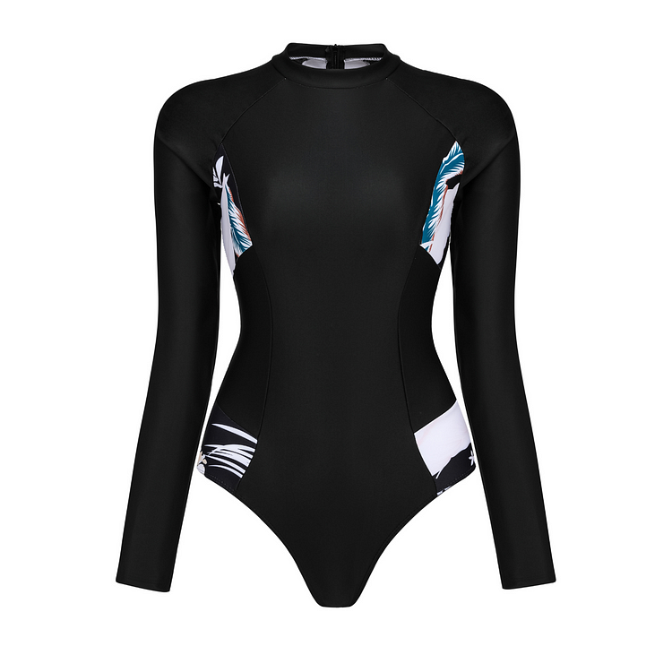 Flaxmaker Long-sleeved Splicing Black White One Piece Swimsuit