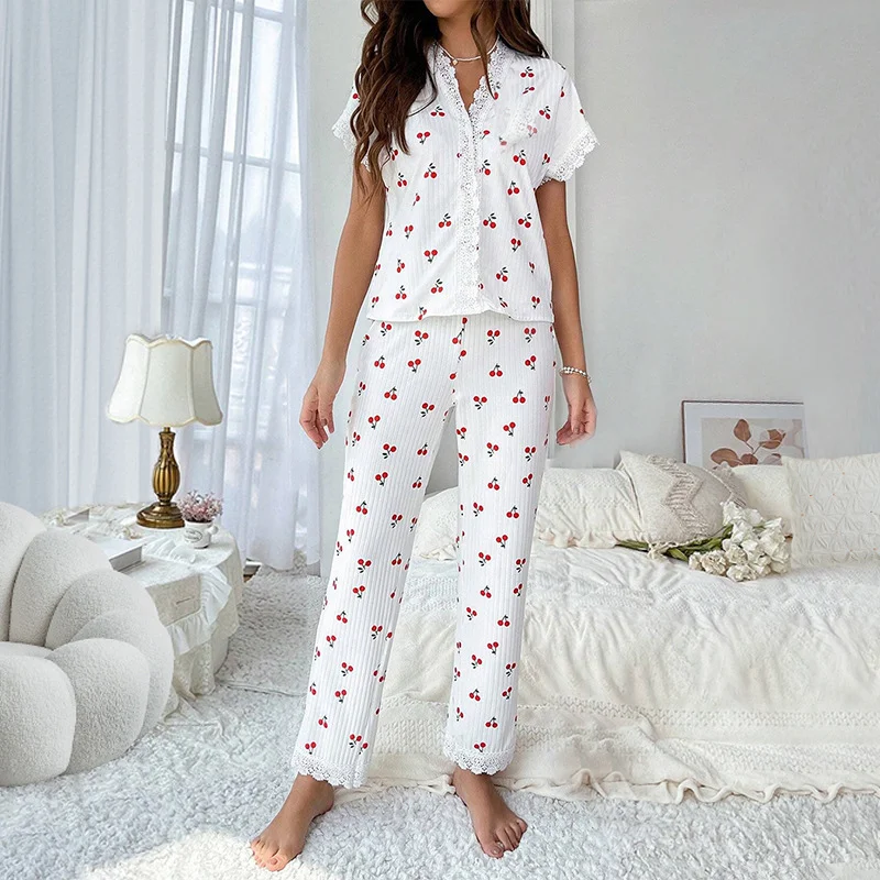 Uveng Gly Women's Pajamas Autumn And Winter Sexy V-Neck Lace Cherries Printed T-Shirts Trousers Homewear