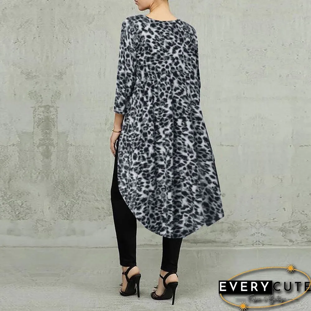 Fashion Women Leopard High Low Tops Crew Neck Long Sleeve Spring Baggy Blouses Chemisier