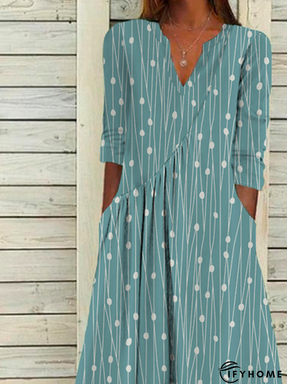 Women Polka Dots Casual Autumn Polyester V neck Micro-Elasticity Daily Loose A-Line Dress | IFYHOME