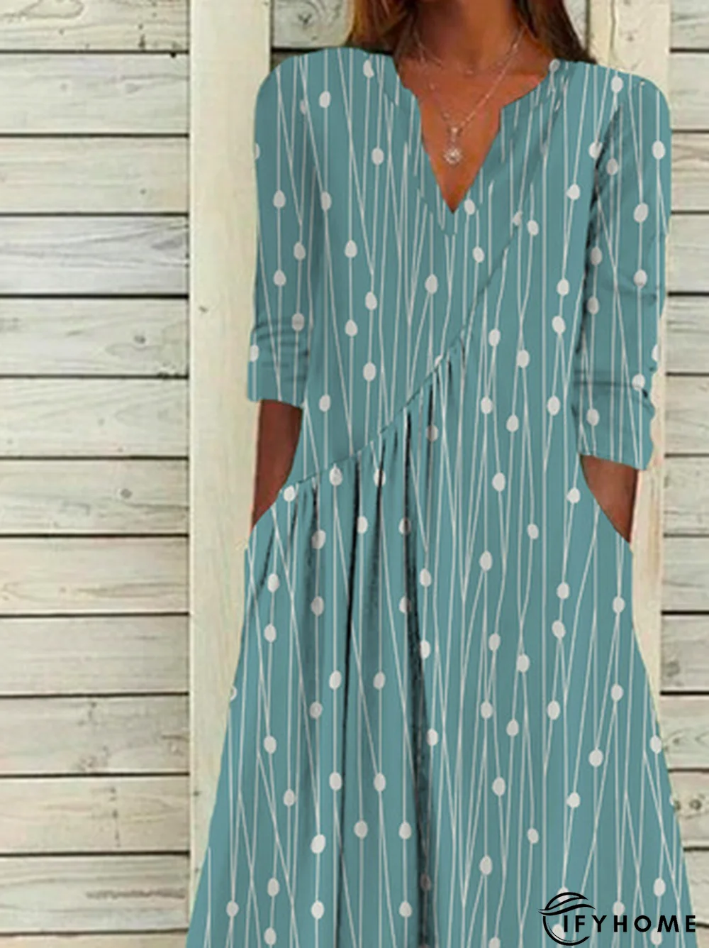 Women Polka Dots Casual Autumn Polyester V neck Micro-Elasticity Daily Loose A-Line Dress | IFYHOME