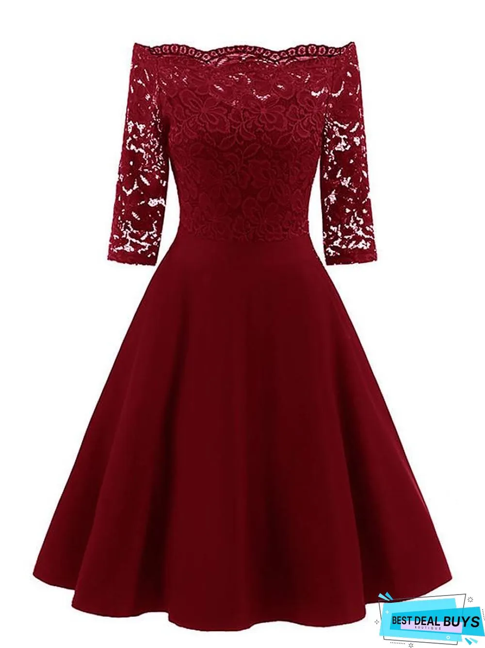 Women's Swing Dress Knee Length Dress 3/4 Length Sleeve Solid Color Lace Patchwork Fall Spring Elegant Sexy Wine Dusty Blue
