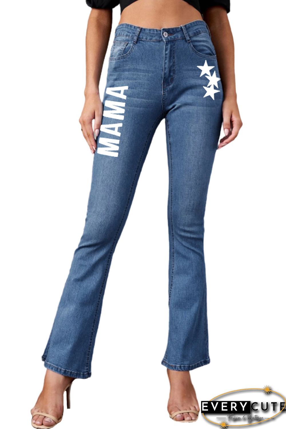 Sky Blue MAMA Stars Print High Waist Bell Bottoms Jeans