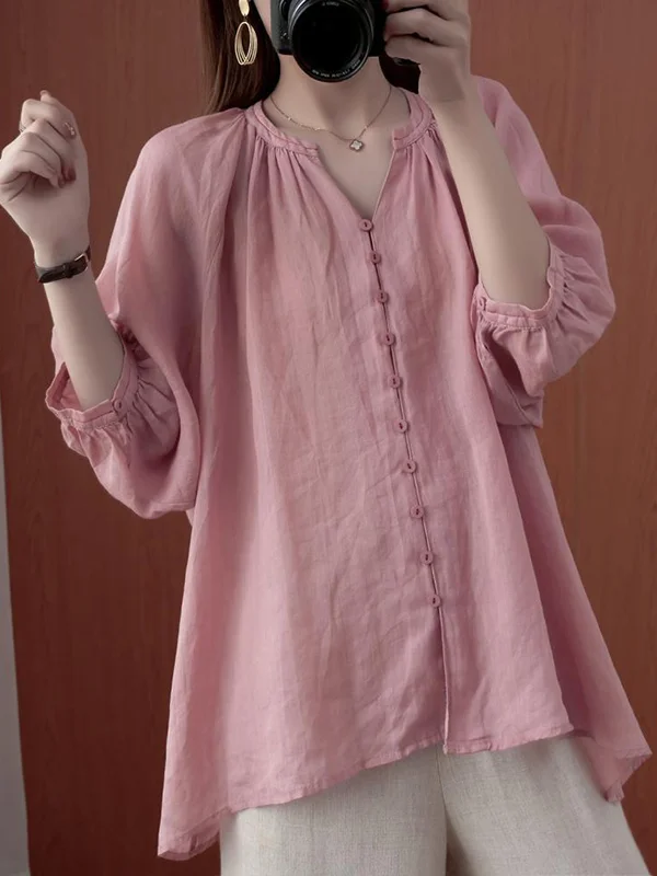 Simple Casual Solid Buttoned Pleated Blouse