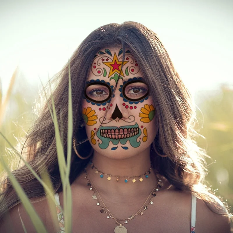 Facial Makeup Sticker Special Waterproof Face Tattoo Day Of The Dead Skull Face Dress Up Halloween Temporary Tattoo Stickers