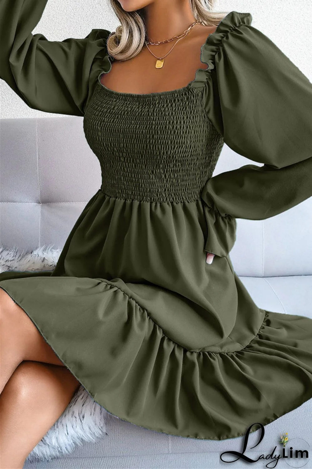 Burgundy Fashion Casual Solid Patchwork Square Collar Long Sleeve Dresses