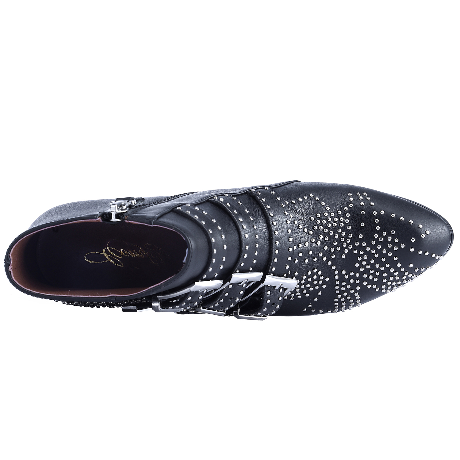 Women's Rivets Metal Buckle Low Heels Ankle Boots Black Silver-vocosishoes
