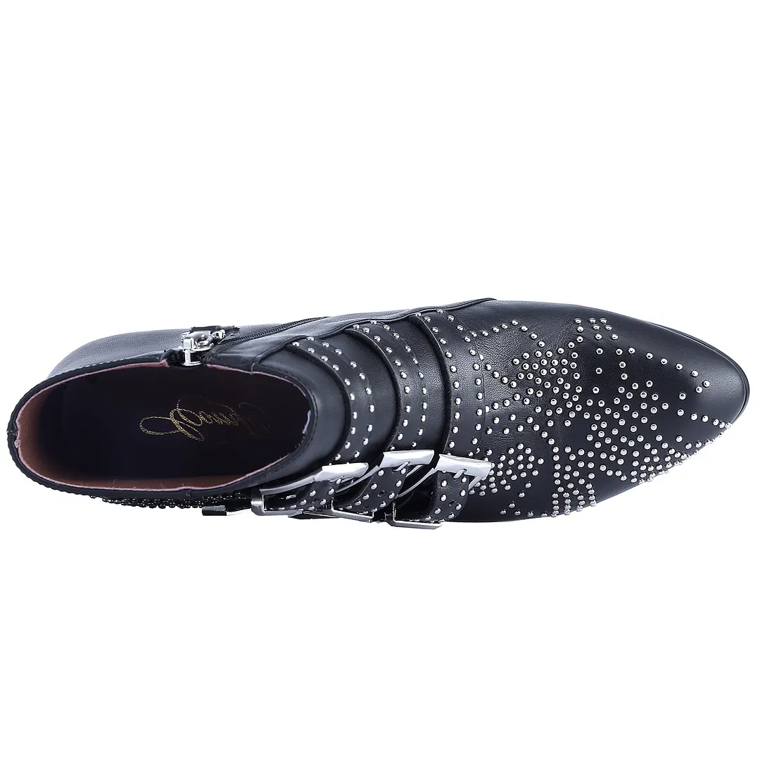 Women's Rivets Metal Buckle Low Heels Ankle Boots Black Silver-vocosishoes