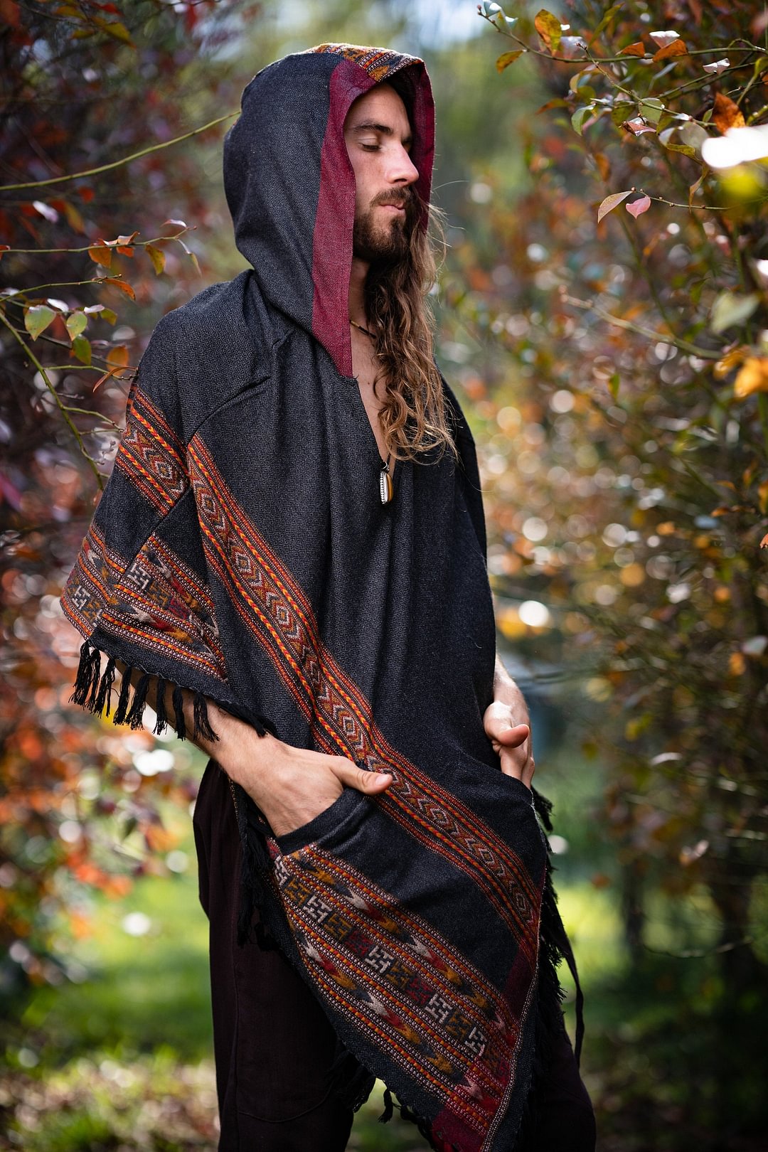 Mens Hooded Poncho Large Hood Yak Wool Dark Grey Tribal Embroidery Celtic Boho Gypsy Alternative Wild Festival Rave Mexican Primitive