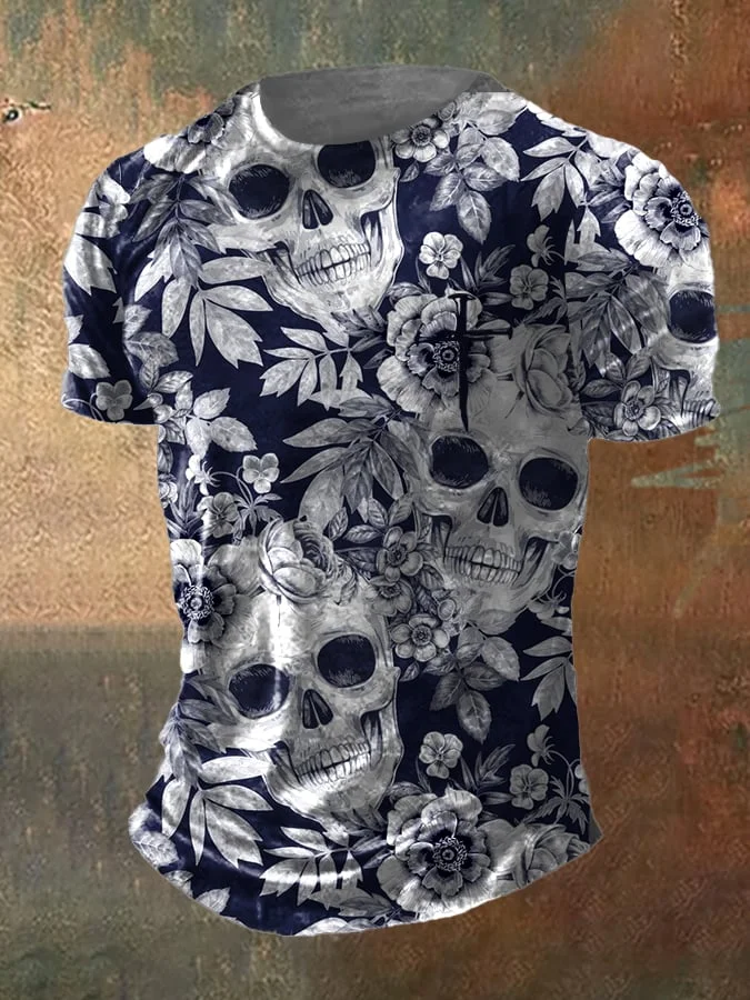 Men's Dark Skull Print Crew Neck T-Shirt