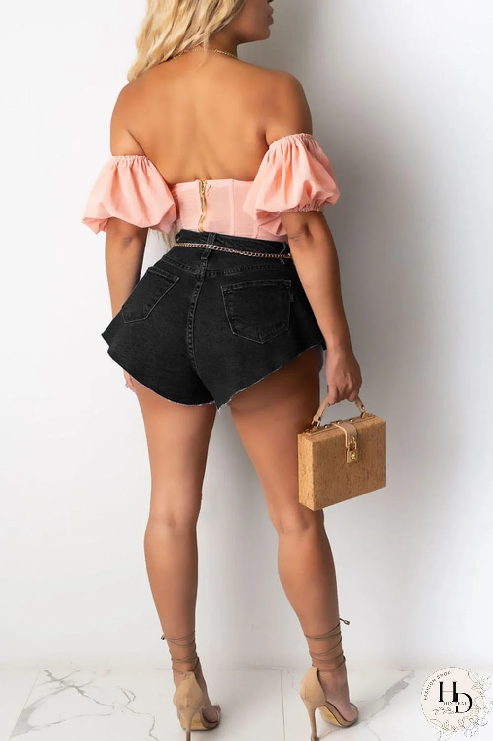 Black Blue Light Blue Denim Zipper Fly Mid Solid Boot Cut shorts Bottoms