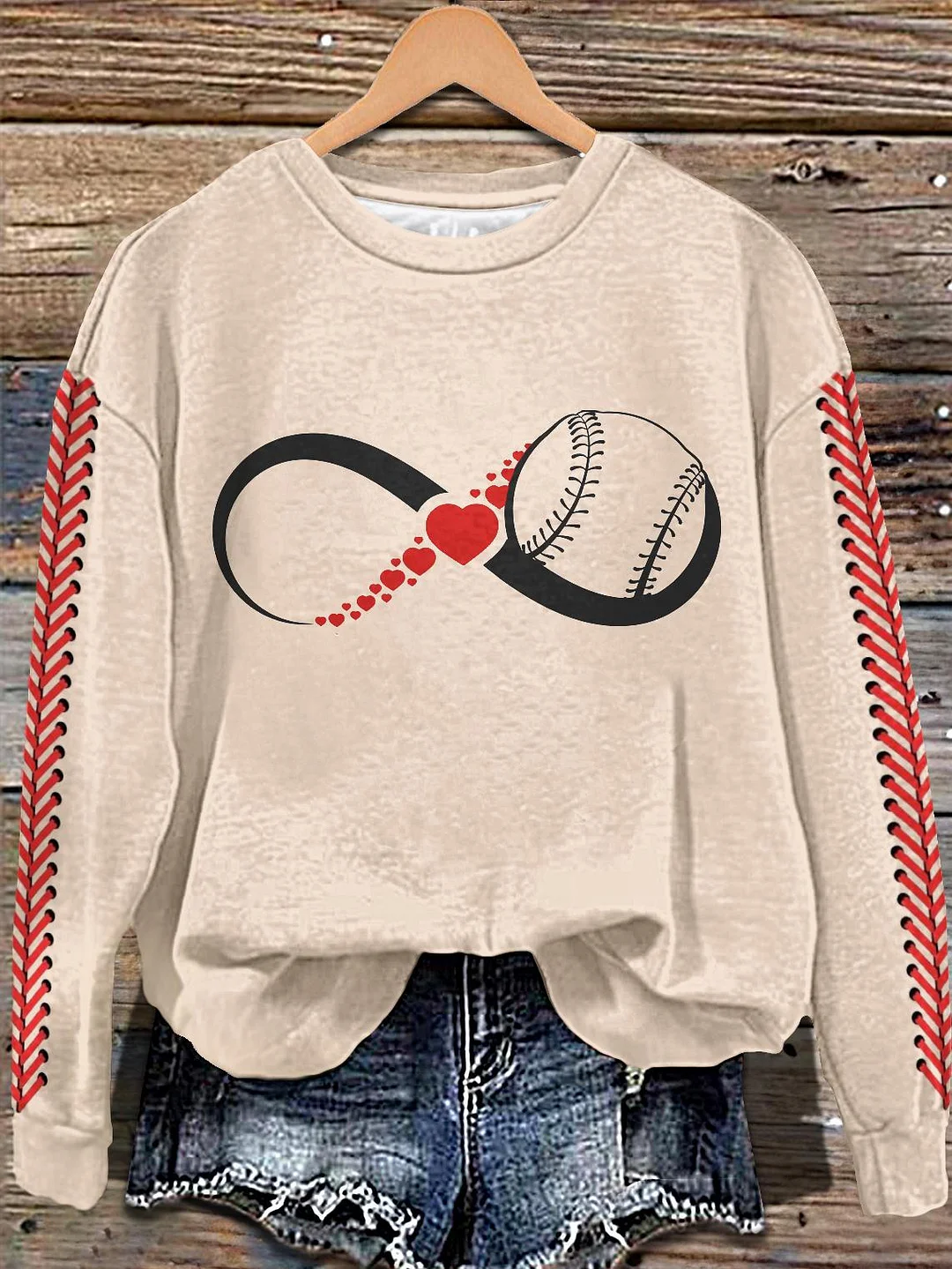Retro Baseball Valentine's Day Heart Printed Long Sleeve Casual Top