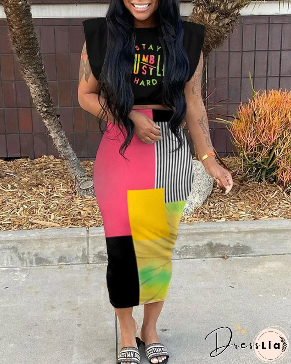 Letter Print Crop Top & Colorblock Skirt Set