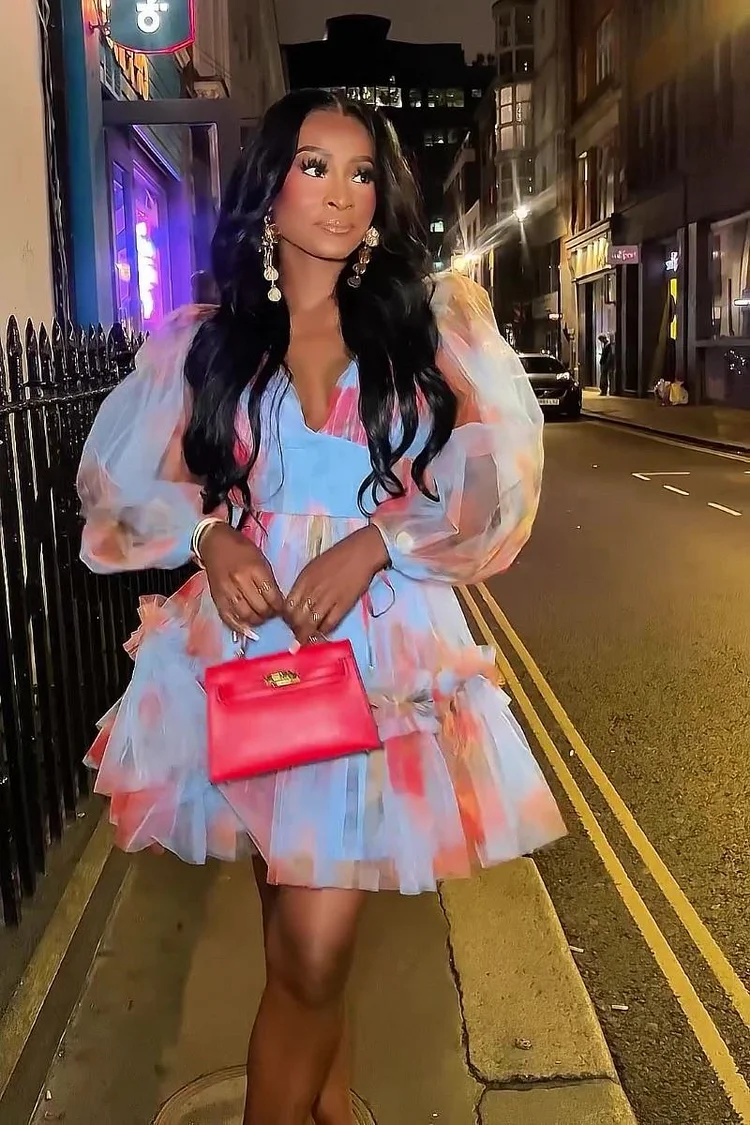 V Neck Print Mesh Bell Sleeve Tulle Hem Party Mini Dresses-Blue
