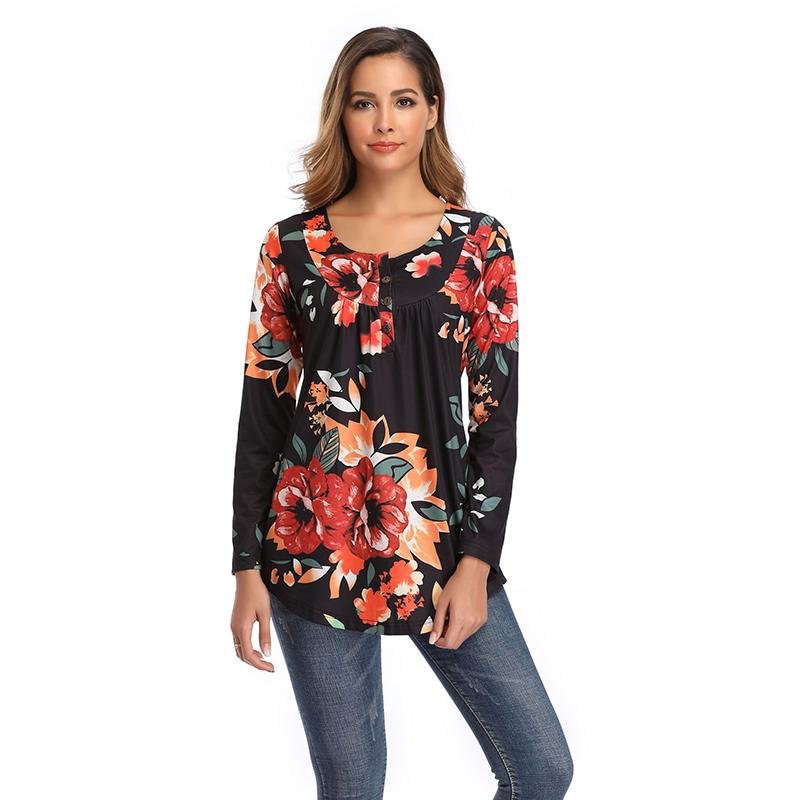 Womens Tops And Blouses O-neck Print Casual Long Sleeve  Boho Clothing  Women Plus Size Fashions Floral Blouse  Shirts