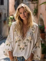 Bohemian Retro Flower Pattern Casual Linen Long-sleeve Top