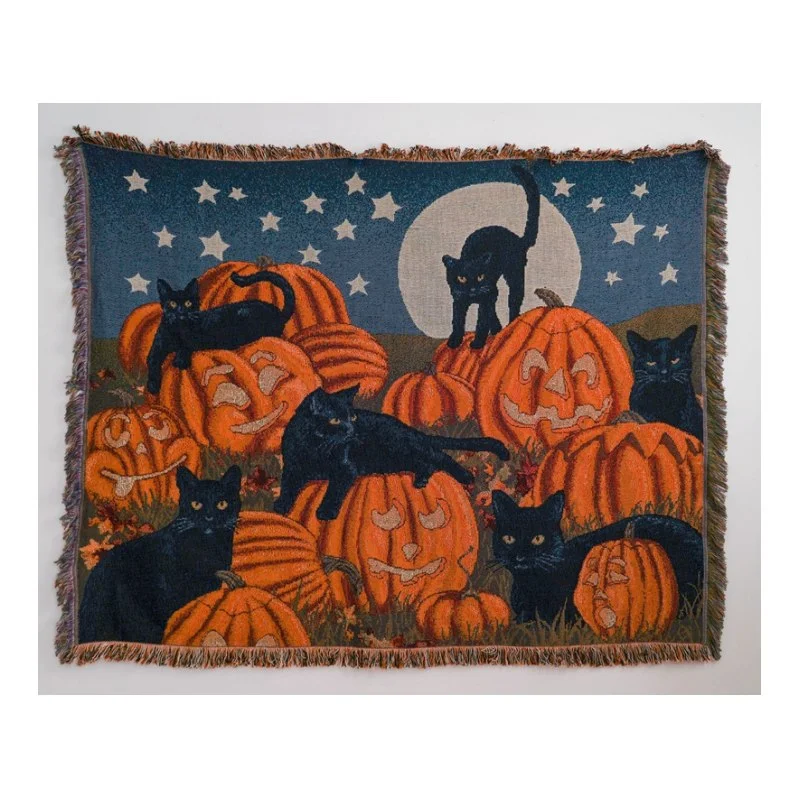 Mewaii® Halloween Cat Print Fringe Blanket Tassel Blanket 1pc
