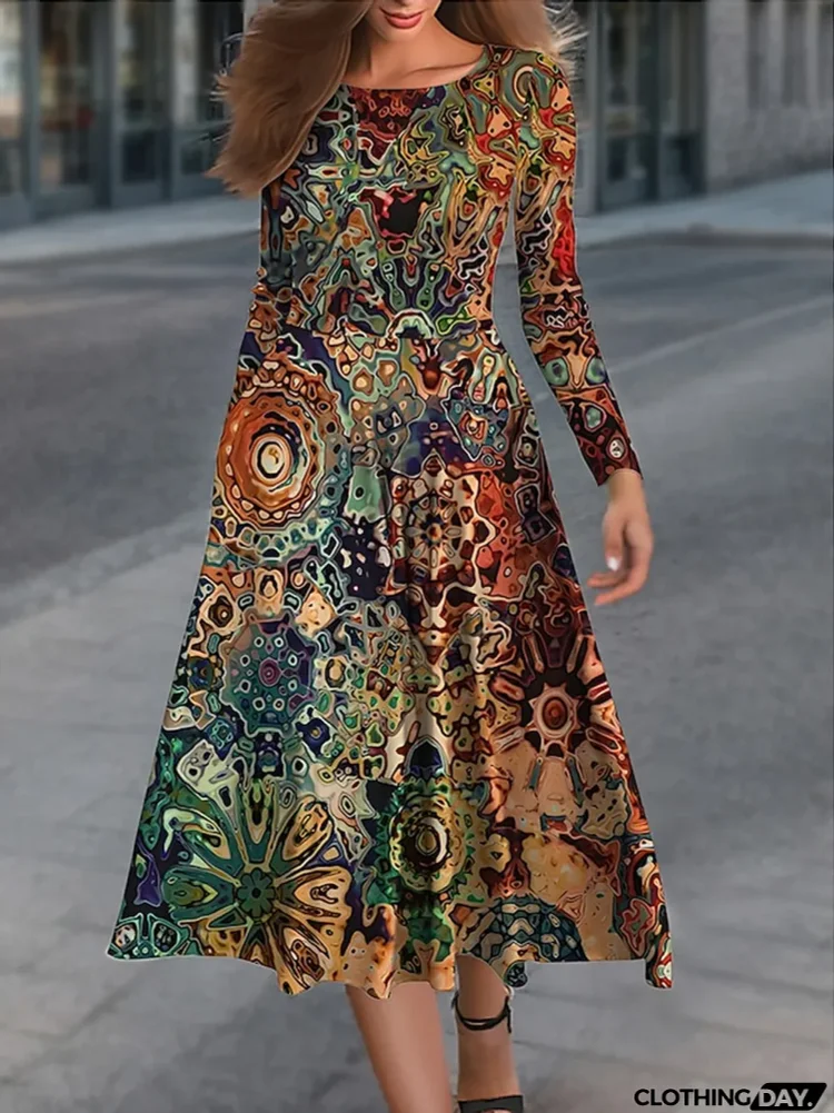 Women's Casual Dress Winter Dress Floral Print Pocket Crew Neck Midi Dress Vintage Outdoor Daily Long Sleeve Regular Fit Blue Orange Green Fall Winter S M L XL 2XL