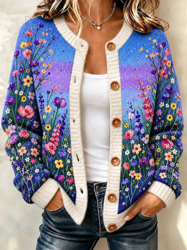 Comstylish Women's Bohemian Blue Wildflower Pattern Relaxed Fit Contrast Trim Button Knit Cardigan Sweater