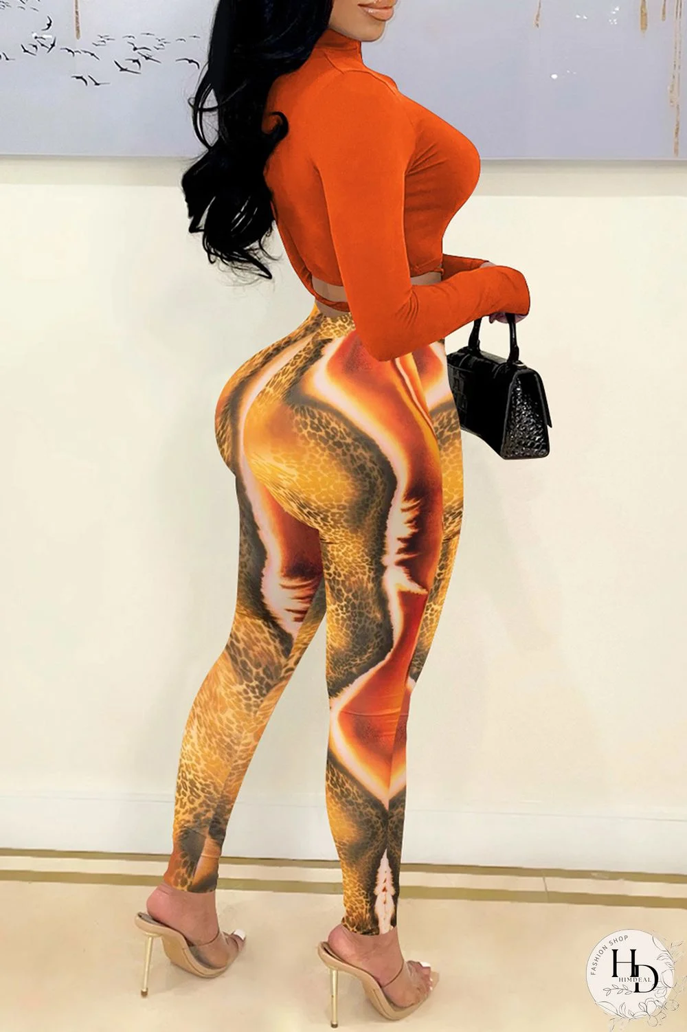 Blue Fashion Casual Print Bandage Turtleneck Long Sleeve Two Pieces