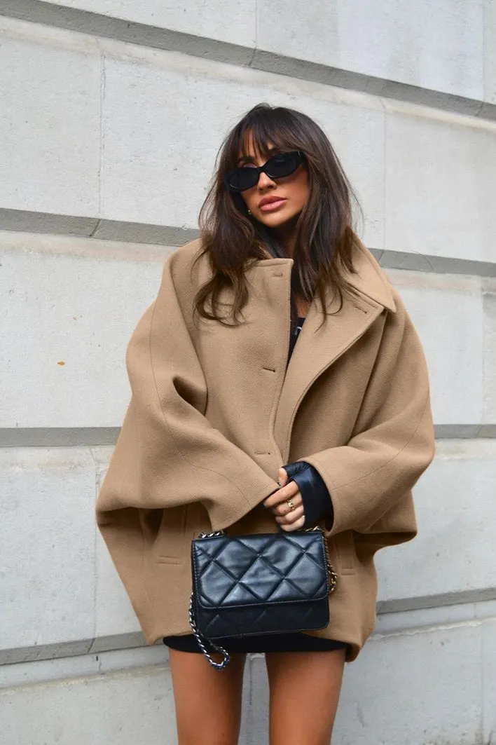 Batwing Sleeve Wool Blend Coat