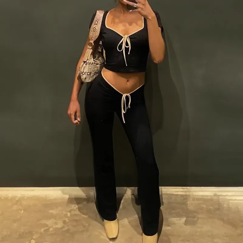 Uveng Uveng 2024 Fashion Suit New Women's Sexy Sweet Hot Girl Short Top Draw Rope Wide Leg Pants Fashion Suit