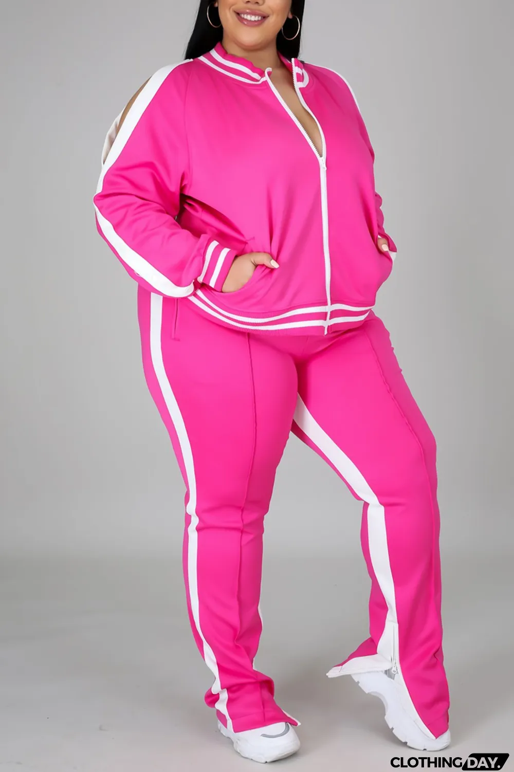 Black Fashion Casual Sportswear Zipper Collar Long Sleeve Regular Sleeve Patchwork Plus Size Set