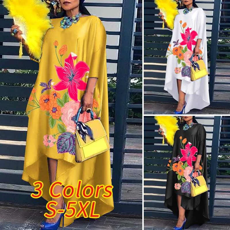 Vintage Floral Printed O Neck Dress 2022 Summer Spring Asymmetric Hem Pleated Vestidos VONDA Casual 3/4 Sleeve Beach Sundress