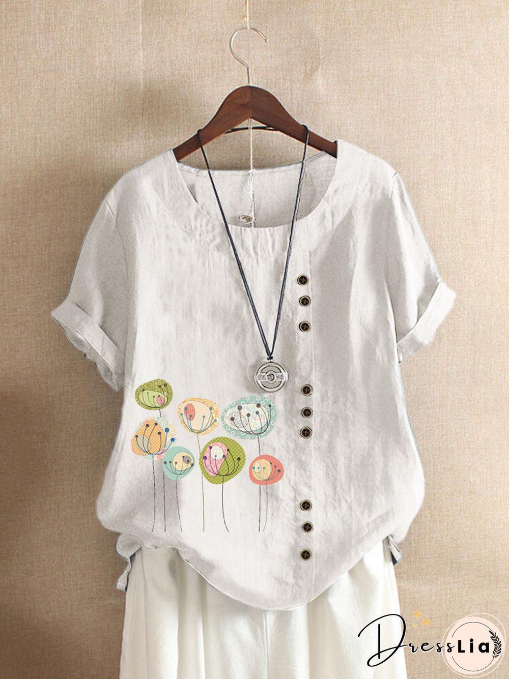 Button Cartoon Floral Print Short Sleeve Casual T shirt P1509230