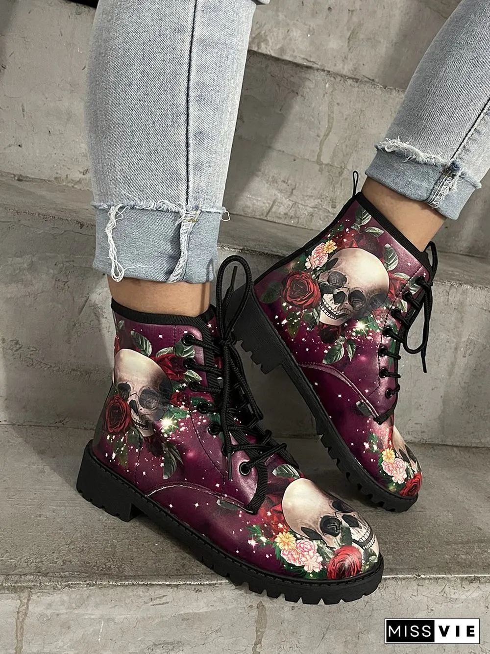Floral Street All Season Printing Party Low Heel Lace-Up Non-Slip Classic Boots Boots for Women