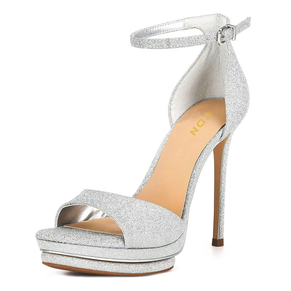 Silver Glitter Stiletto Heel Ankle Strap Platform Sandals for Women
