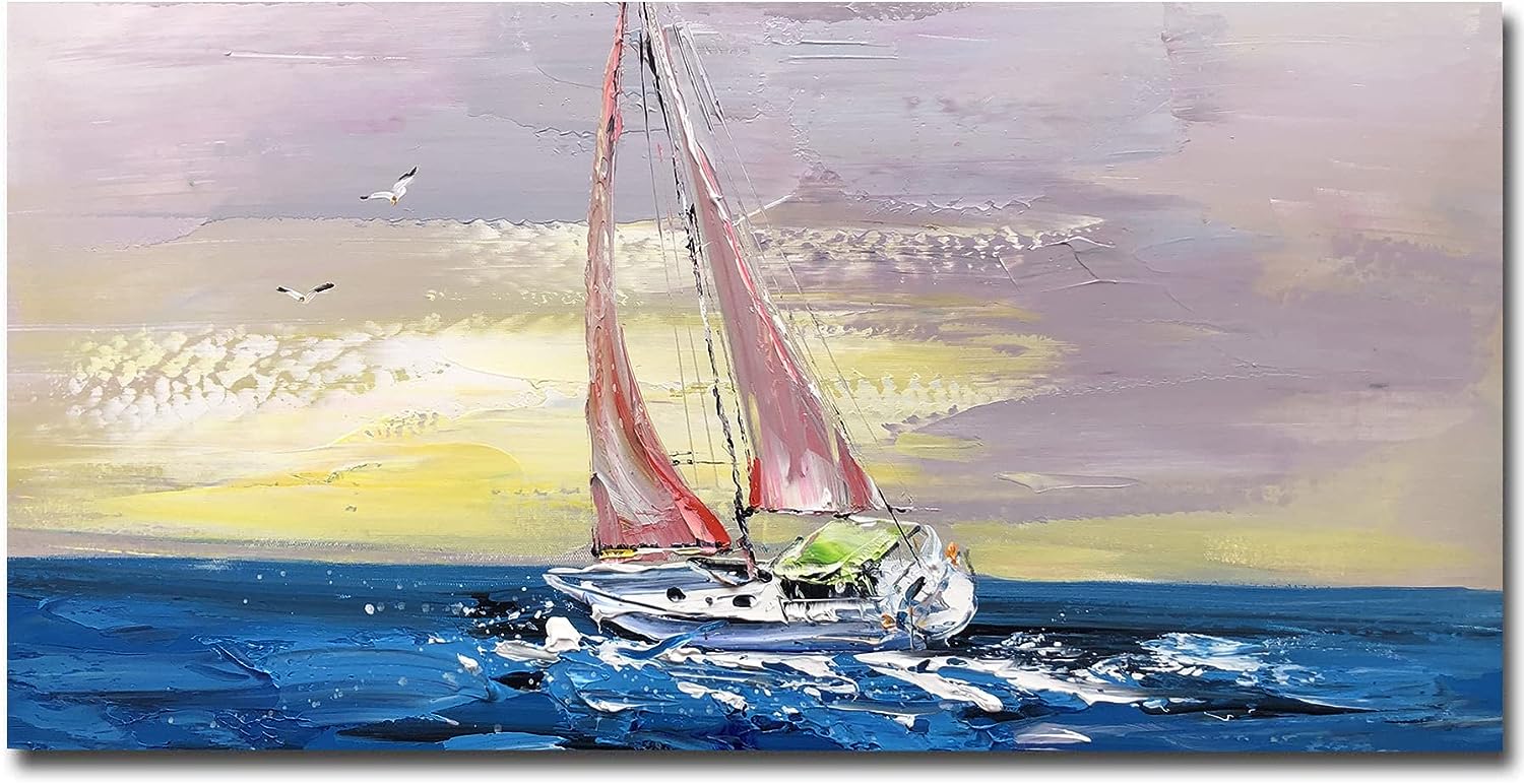 Original Hand-Painted Oil Painting Beach Wall Decor for Living Room Nautical Christmas Decor Bathroom Wall Decor Impressionist Art Large Sailboat Abstract Painting, 80 by 40 Unframed 80X40Inch(200X100cm)Unframed
