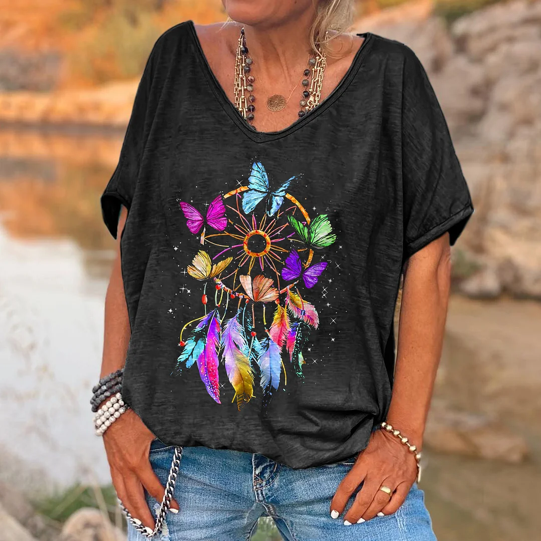 Feather Butterfly Printed Women's T-shirt